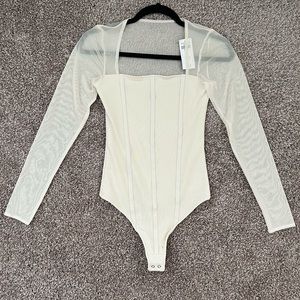 ABERCROMBIE Mesh Long Sleeve Bodysuit in Cream
